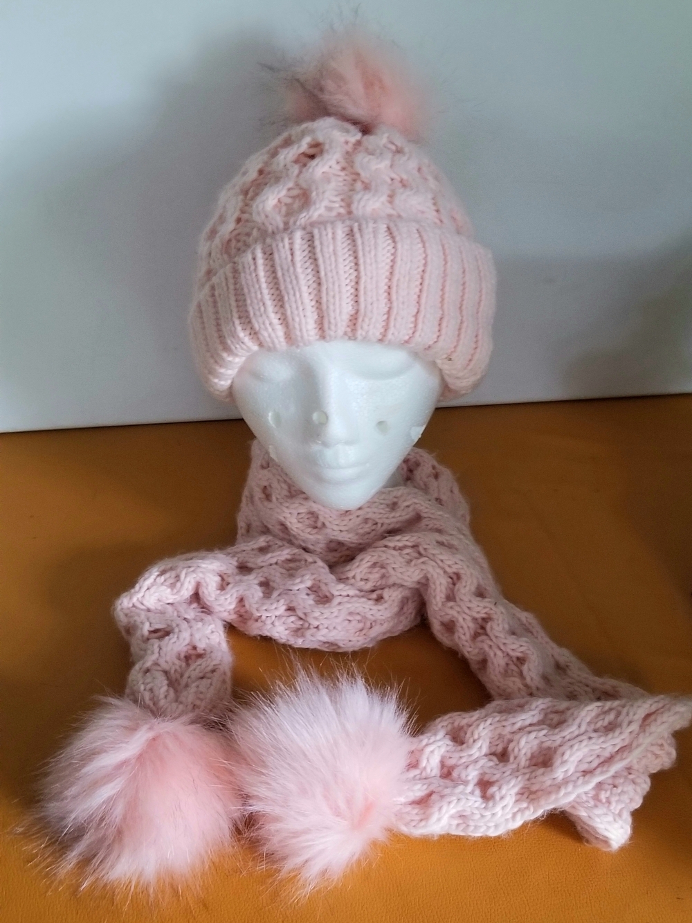Pink Knit Scarf And Hat With Pom Poms